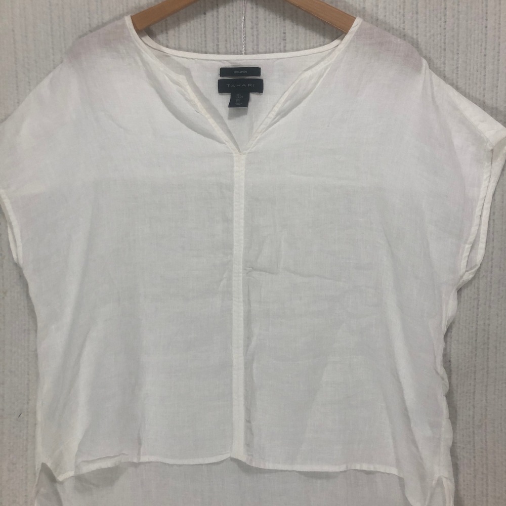 TAHARI White 100% Linen V Neck Cap Sleeve Shirt Top